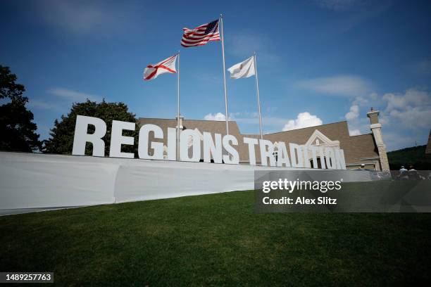 General view of signage during the first round of the Regions Tradition at Greystone Golf and Country Club on May 11, 2023 in Birmingham, Alabama.