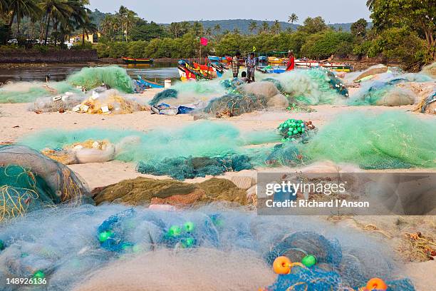 fishing nets on beach at mouth of baga river. - goa beach bildbanksfoton och bilder