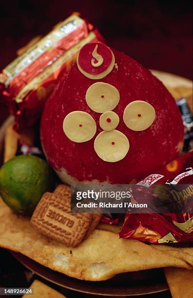 offerings on an altar at the mani rimdu festival at chiwang gompa (monastery). - mani rimdu festival stock pictures, royalty-free photos & images