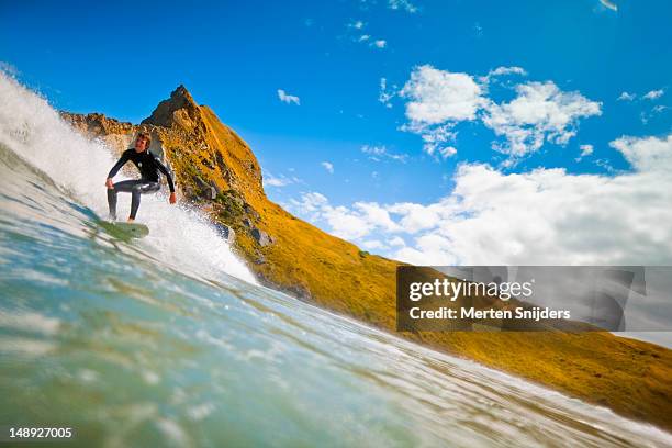 surfer passing by castle rock at castlepoint surf break. - wellington region new zealand stock pictures, royalty-free photos & images