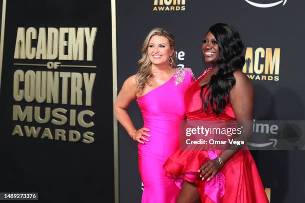 Kelly Sutton and Amber Anderson arrive for the 58th Academy of Country Music awards at The Ford Center at The Star on May 11, 2023 in Frisco, Texas.