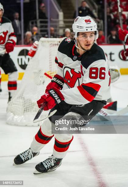 Jack Hughes of the New Jersey Devils skates during the first period against the Carolina Hurricanes in Game Five of the Second Round of the 2023...