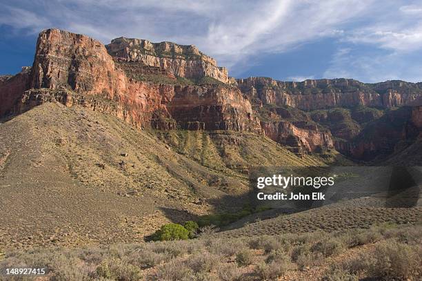 indian gardens from plateau point, bright angel trail. - plateau landelement stockfoto's en -beelden