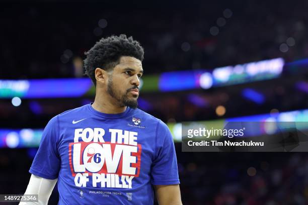 Tobias Harris of the Philadelphia 76ers looks on prior to game six of the Eastern Conference Semifinals in the 2023 NBA Playoffs against the Boston...
