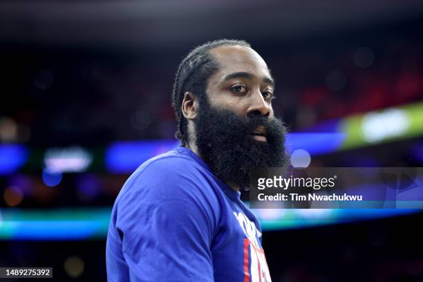 James Harden of the Philadelphia 76ers looks on prior to game six of the Eastern Conference Semifinals in the 2023 NBA Playoffs against the Boston...