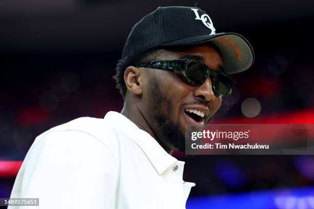 Basketball player Donovan Mitchell attends game six of the Eastern Conference Semifinals in the 2023 NBA Playoffs between the Boston Celtics and the...