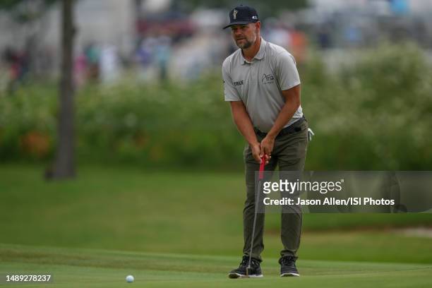 Ryan Moore of the United States checks his line before putting on the green of hole during the first round of the AT&T Byron Nelson at TPC Craig...