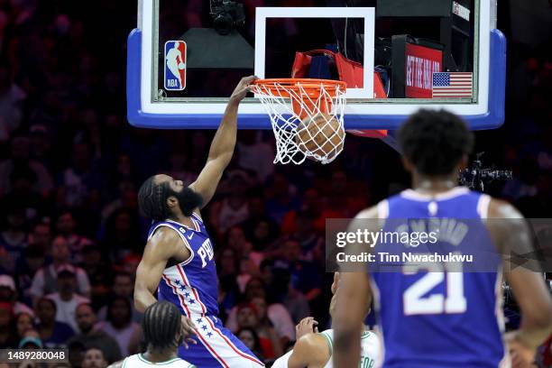 James Harden of the Philadelphia 76ers dunks the ball against the Boston Celtics during the second quarter in game six of the Eastern Conference...