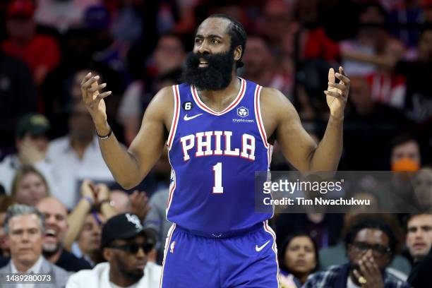 James Harden of the Philadelphia 76ers reacts to a play against the Boston Celtics during the second quarter in game six of the Eastern Conference...