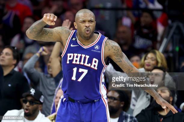 Tucker of the Philadelphia 76ers celebrates a basket against the Boston Celtics during the second quarter in game six of the Eastern Conference...