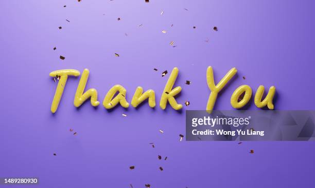thank you word  party balloon with purple background and confetti ,3d render - thank you card stock pictures, royalty-free photos & images