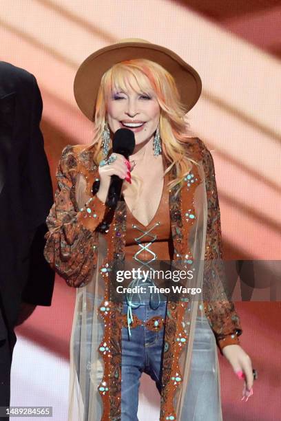 Co-host Dolly Parton speaks onstage during the 58th Academy Of Country Music Awards at The Ford Center at The Star on May 11, 2023 in Frisco, Texas.