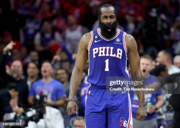 James Harden of the Philadelphia 76ers celebrates a basket against the Boston Celtics during the third quarter in game six of the Eastern Conference...