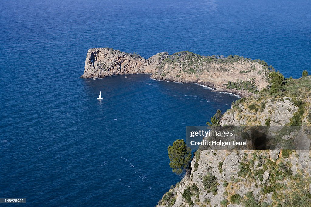 Overhead of coastline from Monestir de Miramar Monastery.