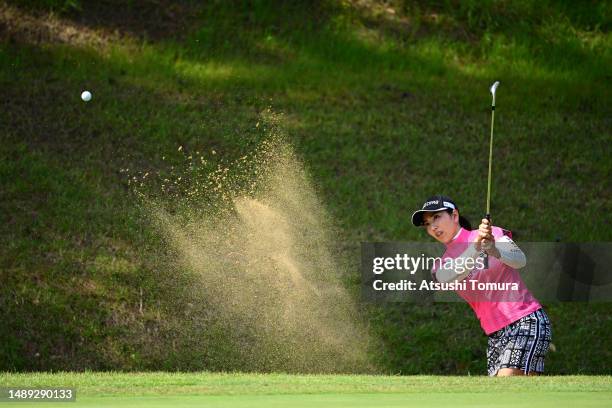 Ritsuko Ryu of Japan hits out from a bunker on the 2nd hole during the first round of RKB x Mitsui Matsushima Ladies at Fukuoka Country Club Wajiro...
