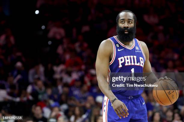 James Harden of the Philadelphia 76ers dribbles against the Boston Celtics during the third quarter in game six of the Eastern Conference Semifinals...