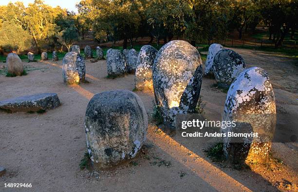 cromleque dos almendres is the iberian peninsula's most important megalithic site. - evora portugal stock pictures, royalty-free photos & images