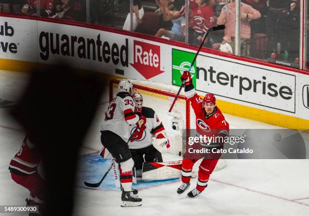 Jesper Fast of the Carolina Hurricanes celebrates after scoring the game-winning goal in overtime against the New Jersey Devils in Game Five of the...