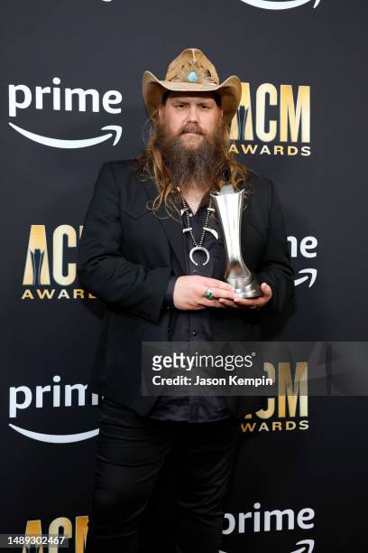 Chris Stapleton, winner of the Entertainer of the Year award, poses in the press room during the 58th Academy Of Country Music Awards at The Ford...