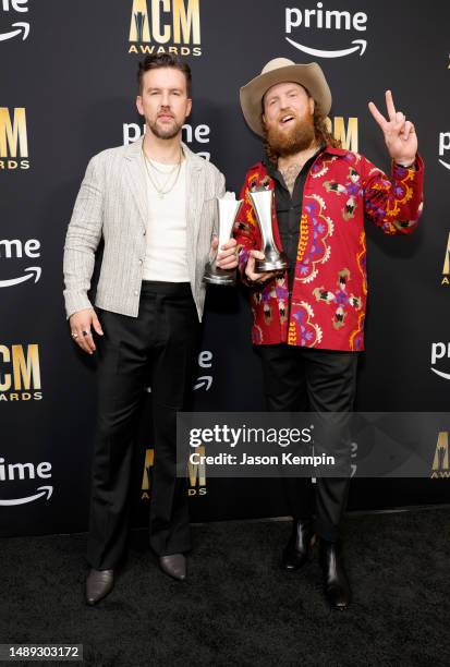 Osborne and John Osborne of Brothers Osborne, winners of the Duo of the Year award, pose in the press room during the 58th Academy Of Country Music...