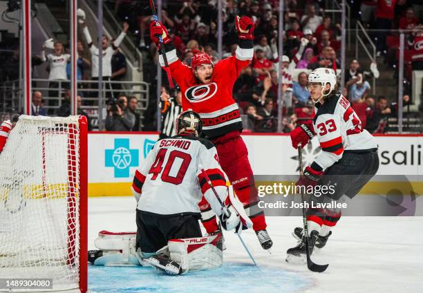Jesper Fast of the Carolina Hurricanes celebrates after scoring the game-winning goal in overtime against the New Jersey Devils in Game Five of the...