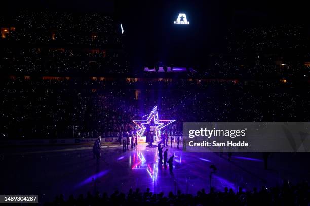 Moment of silence is held before Game Five of the Second Round of the 2023 Stanley Cup Playoffs between the Dallas Stars and the Seattle Kraken at...