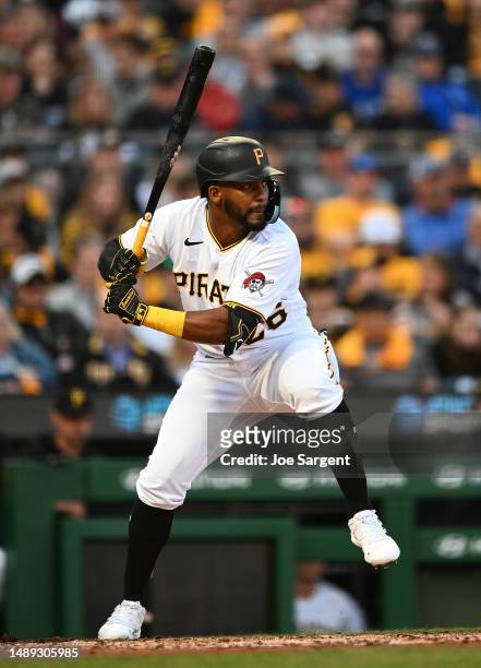 Miguel Andujar of the Pittsburgh Pirates in action during the game against the Toronto Blue Jays at PNC Park on May 5, 2023 in Pittsburgh,...