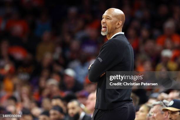 Head coach Monty Williams of the Phoenix Suns reacts during the second quarter against the Denver Nuggets in game six of the Western Conference...