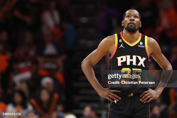 Kevin Durant of the Phoenix Suns reacts during the fourth quarter against the Denver Nuggets in game six of the Western Conference Semifinal Playoffs...