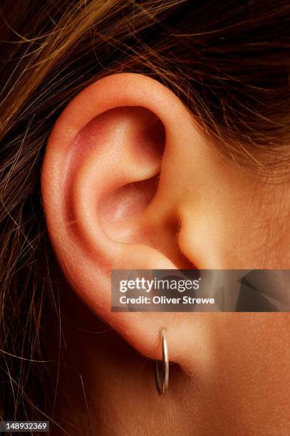 woman's ear with earring. - ear close up foto e immagini stock