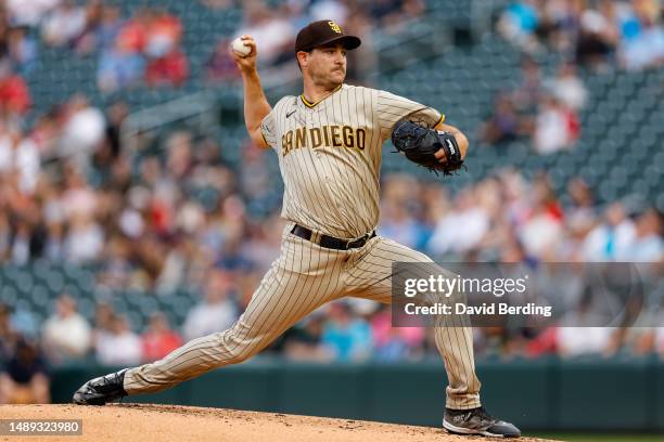 Seth Lugo of the San Diego Padres delivers a pitch against the Minnesota Twins in the second inning at Target Field on May 10, 2023 in Minneapolis,...