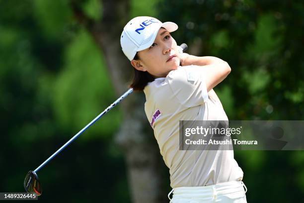 Erina Hara of Japan hits her tee shot on the 5th hole during the first round of RKB x Mitsui Matsushima Ladies at Fukuoka Country Club Wajiro Course...