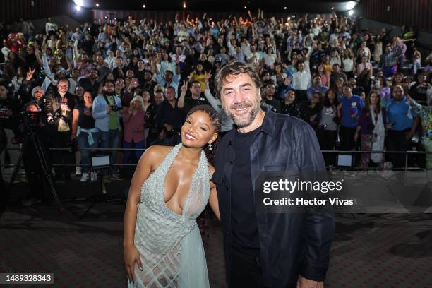 Halle Bailey and Javier Bardem pose during the fan event for the Premiere of Disney's "The Little Mermaid" at Parque Toreo on May 11, 2023 in Mexico...