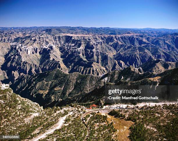 aerial of chihuaha pacific railway at divisadero of urique and copper canyon. - chihuahua mexico stock pictures, royalty-free photos & images