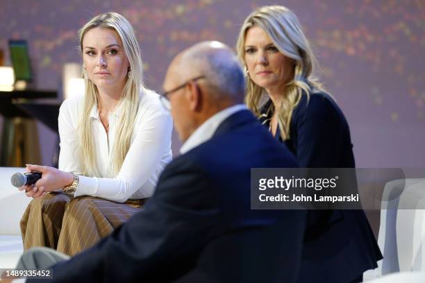 Lindsey Vonn, Melissa Stark, Reggie Jackson engage in conversation during Shell's Power Of Performance at Lavan on May 11, 2023 in New York City.