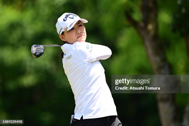 Sakura Yokomine of Japan hits her tee shot on the 5th hole during the first round of RKB x Mitsui Matsushima Ladies at Fukuoka Country Club Wajiro...