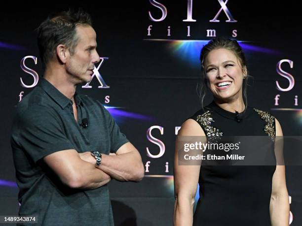 Peter Berg and Ronda Rousey promote the upcoming film "Mile 22" during the STXfilms presentation during CinemaCon, the official convention of the...