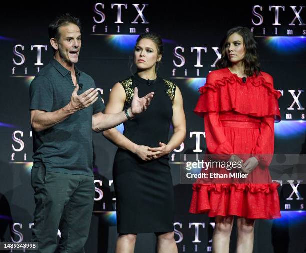 Peter Berg, Ronda Rousey and Lauren Cohan promote the upcoming film "Mile 22" during the STXfilms presentation during CinemaCon, the official...