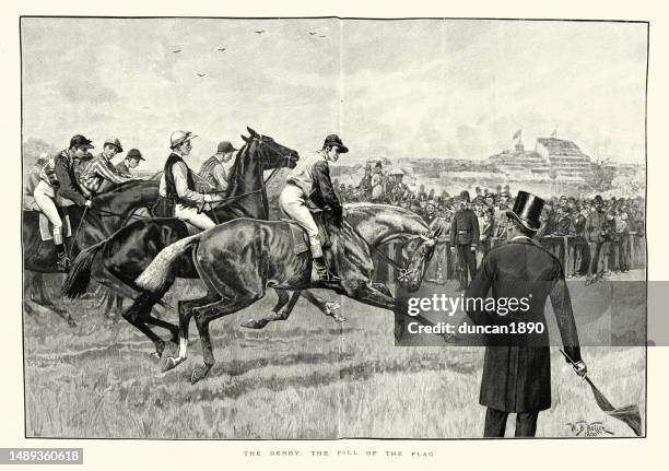 ilustraciones, imágenes clip art, dibujos animados e iconos de stock de inicio del derby de epsom, caída de la bandera, jockey's en caballos de carreras, historia victoriana del deporte, década de 1890 - epsom derby