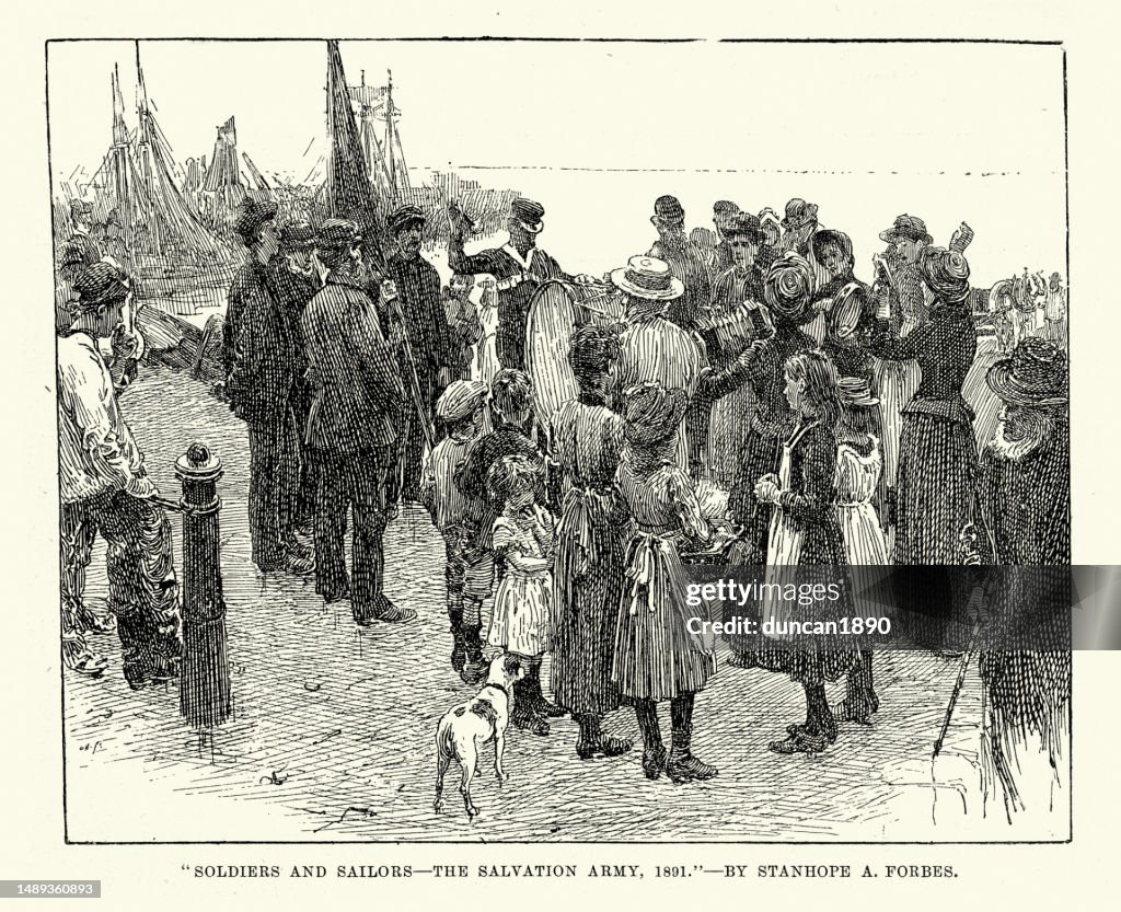 Vintage illustration of Salvation Army band playing music for people in the street, Victorian 1890s
