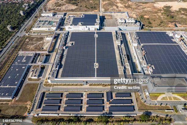 aerial view of a factory using solar power - battery manufacturing stock pictures, royalty-free photos & images