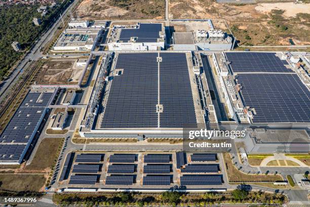 aerial view of a factory using solar power - batteries stock pictures, royalty-free photos & images