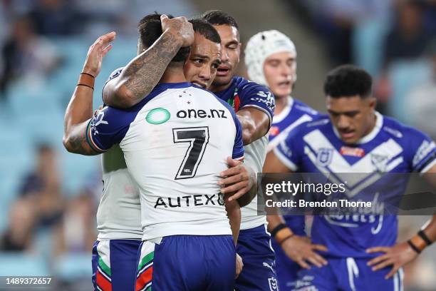 Addin Fonua-Blake of the Warriors celebrates with Shaun Johnson of the Warriors after scoring a try during the round 11 NRL match between Canterbury...