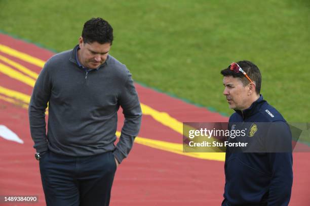 Durham director of Cricket Marcus North with head coach Ryan Campbell during day one of the LV= Insurance County Championship Division 2 match...