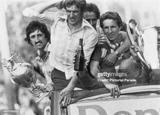 British footballer David Johnson, British footballer Emlyn Hughes, British footballer Phil Neal , British footballer Joey Jones, and British coach...