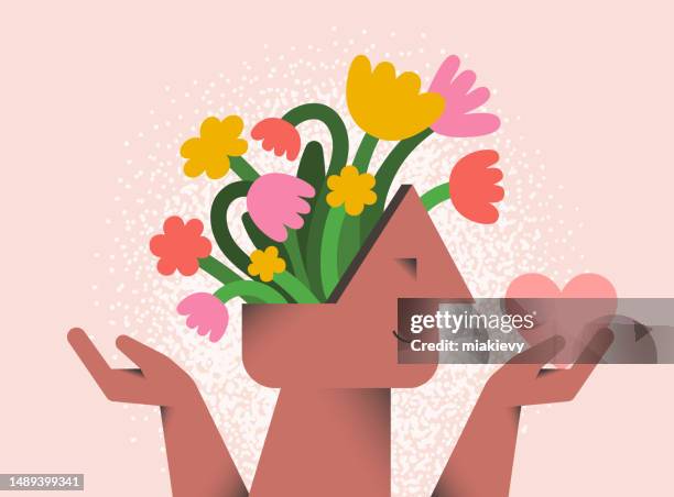 ilustraciones, imágenes clip art, dibujos animados e iconos de stock de cabeza con flores - terapia tratamiento médico