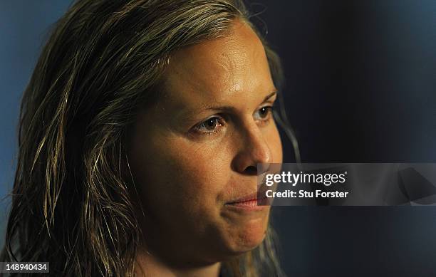 Swimmer Libby Trickett faces the press during an Australia Swimming training session at Manchester Aquatic centre on July 20, 2012 in Manchester,...