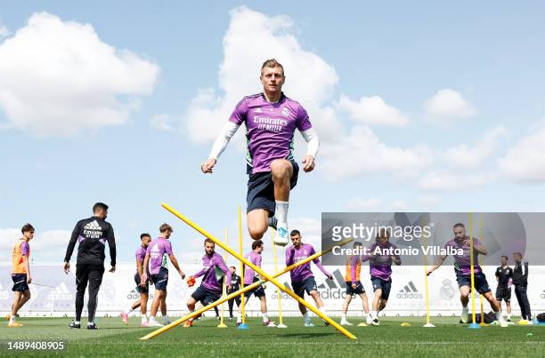 Toni Kroos player of Real Madrid during training with teammates at Valdebebas training ground on May 12, 2023 in Madrid, Spain.