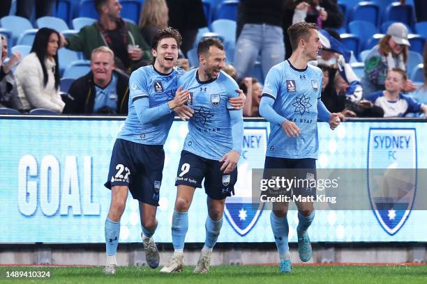 Adam Le Fondre of Sydney FC celebrates with team mates after scoring a goal during the first leg of the A-League Men's Semi Final between Sydney FC...