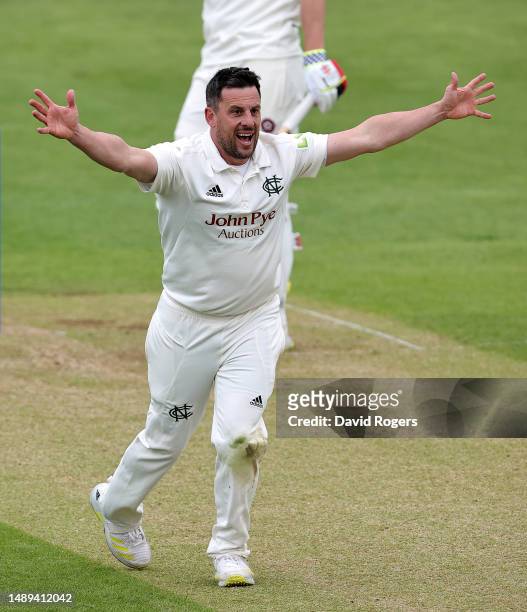 Steven Mullaney of Nottinghamshire celebrates after trapping James Sales LBW during the LV= Insurance County Championship Division 1 match between...